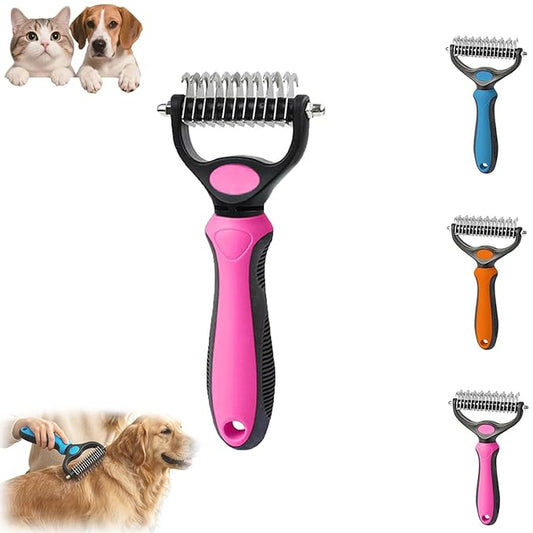 Pet Pro Grooming Tool, 2-in-1 Deshedding Dog Brush with 9/17 Teeth Undercoat Rake for Dogs & Cats, Dual-Sided Stainless Steel Pet Comb for Long Hair & Thick Coats, Non-Slip Ergonomic Handle (Pink-S)