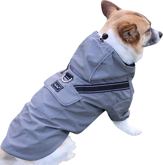 JoyDaog Premium Dog Raincoat with Hood for Medium Dogs,Outdoor Sports Waterproof Doggie Rain Jacket,Puppy Raincoat with Pockets,Grey L
