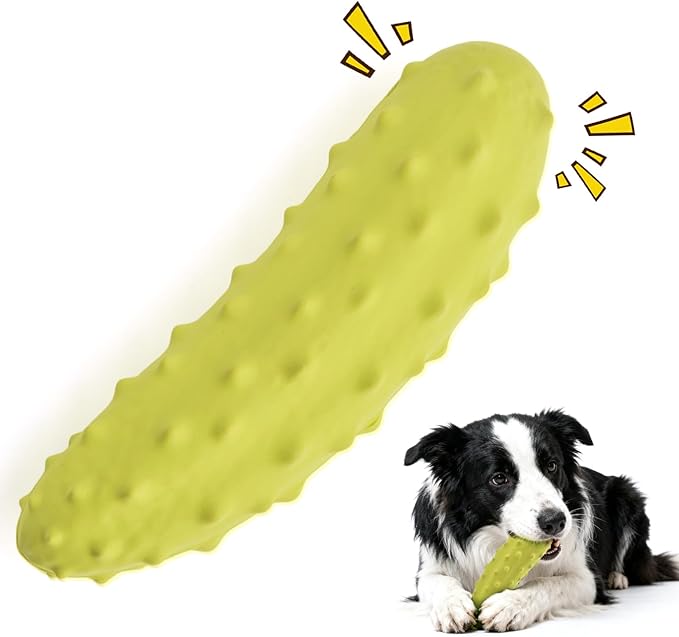 LIFLIX Tough Squeaky Dog Toys, Durable Dog Chew Toy with Natural Rubber, Teething Toys for Medium Large Breeds, Cucumber Pickle Shape, Yellow