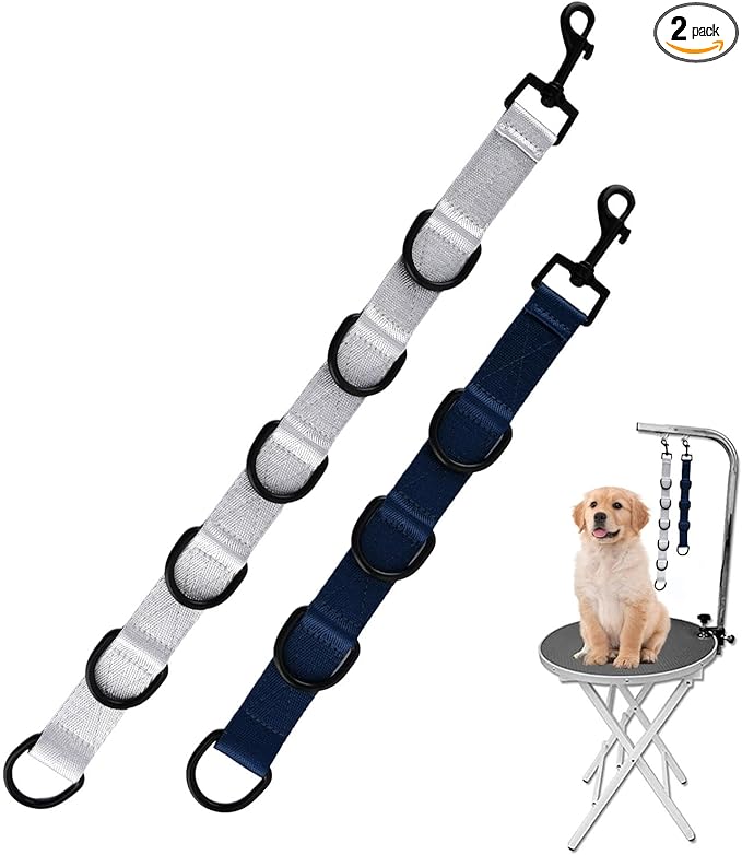 2pcs Dog Grooming Extension Strap with 4 D-Ring and 6 D-Ring Grooming Loops Adjustable Extender Straps Quick Release Pet Dog Leashes for Grooming(Color:Black Silver)