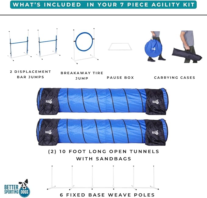 Better Sporting Dogs Elite Agility Set for Dogs w/Safety-Focused Features | 7Pc Agility Kit | (2) Bar Jumps w/Cup Strips | Breakaway Tire Jump | 6 Weave Poles | (2) 10’ Tunnel & Sandbags | Pause Box