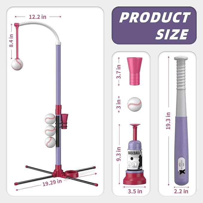 Wee Wonders 3-in-1 T Ball Set - Adjustable Height, Hanging Tee Ball Set with Automatic Pitching Machine/6 Balls/Retractable Bat, TBall Stand Suit for Outdoor, Sport Toys Gifts for Kids Girls Age 3+