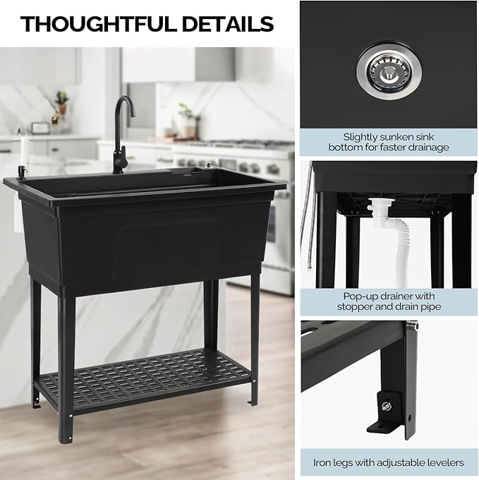 Bonnlo 37-Gallon Freestanding Utility Sink with Faucet, 36" Heightened Basin for Laundry, Garage, Outdoor Garden, Pet Wash, Heavy Duty Plastic Laundry Tub with Storage Shelf, 40"L×24"W×36"H (Black)