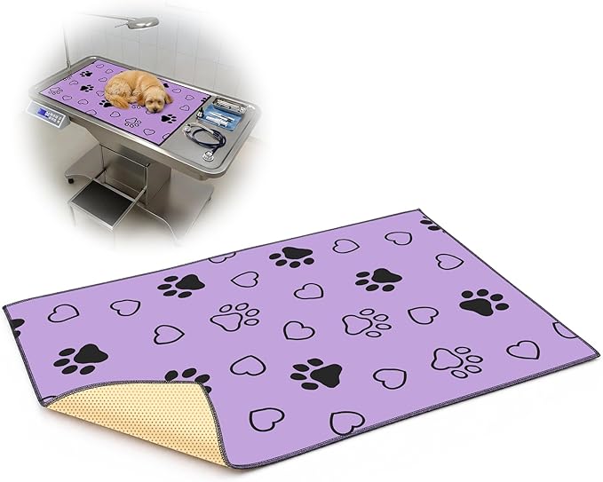 AceOrbit 1 Pack 24x36 Inch Non-Slip Dog Grooming Mat for Table Dog Vet Mat Black and Purple Pet Paw Print Grooming Pad for Cat Pet Checkups Rehabilitation Bath, Waterproof and Easy to Clean