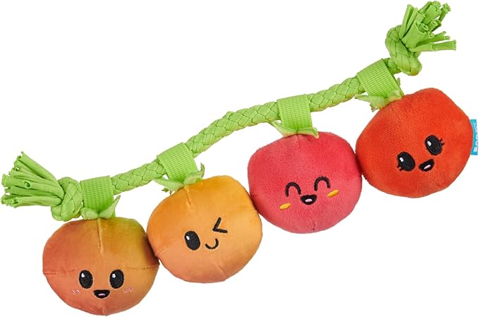 Barkbox Hairloom Tomatoes Dog Toy | Plush Tug Toy with T-Shirt Rope Vine & 4 Squeakers | Interactive Tug & Play Toy for Small to Medium Dogs