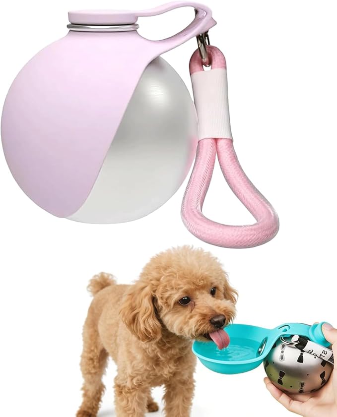 Portable Dog Water Ball, 2-in-1 Foldable Pet Water Bottle, Large-Capacity 304 Stainless Steel Cup with Foldable Silicone Bowl, Leak-Proof & Travel-Friendly, Suitable for Walks and Hiking (Pink1)