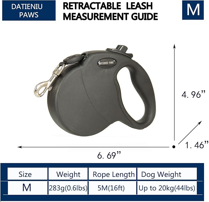 Medium 16 FT Retractable Dog Leash – Adjustable Hands-Free Leash for Dogs Up to 44lbs, Tangle-Free Nylon with Ergonomic Grip for Walking, Training & Outdoor Safety Black M