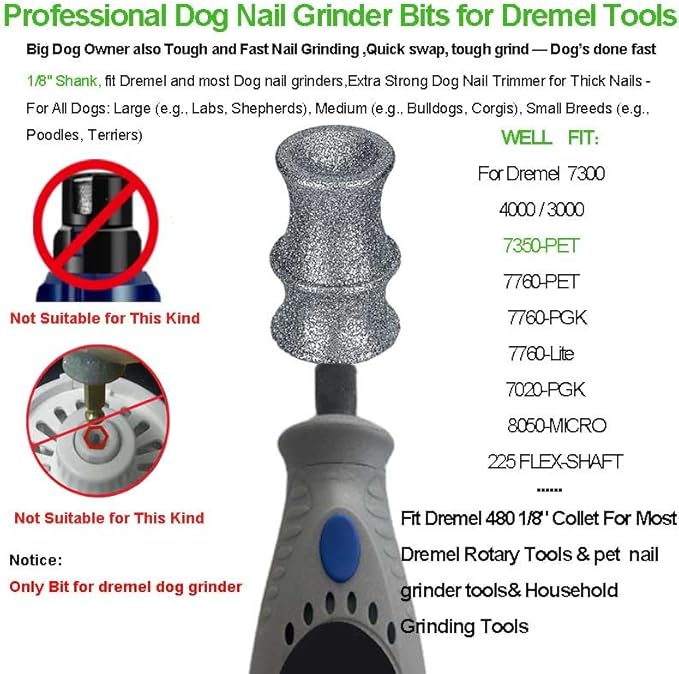 Diamond Dog Nail Grinder Bit Compatible with Diamondg & Dremel 7760 & 7350, 1/8'' Stress-Free Replacement Head Attachment, Ideal for Medium, Large & XL Dogs, Thick Nail Grooming, 2-Pack