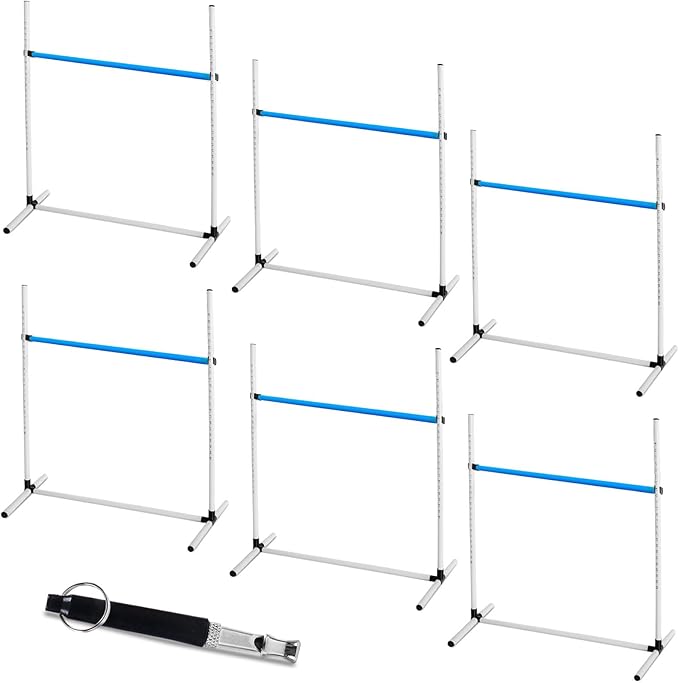 Halloscume 6 Pcs Dog Agility Training Equipments Dog Agility Jumps Hurdles Adjustable Jumps Hurdles Pet Jump Bars with Bag and Whistle for Indoor Outdoor Dogs Pet Jump Course Game(Blue and White)