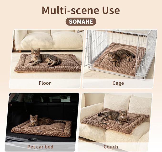 SOMAHE Cat Beds Flat Cat Bed Mat, Premium Plush Cat Mat with Non-Slip Bottom, 1.2" Thick All-Season Kneading Cushion, Machine Washable Anti-Static Pet Bed 15×23Inch, Coffee