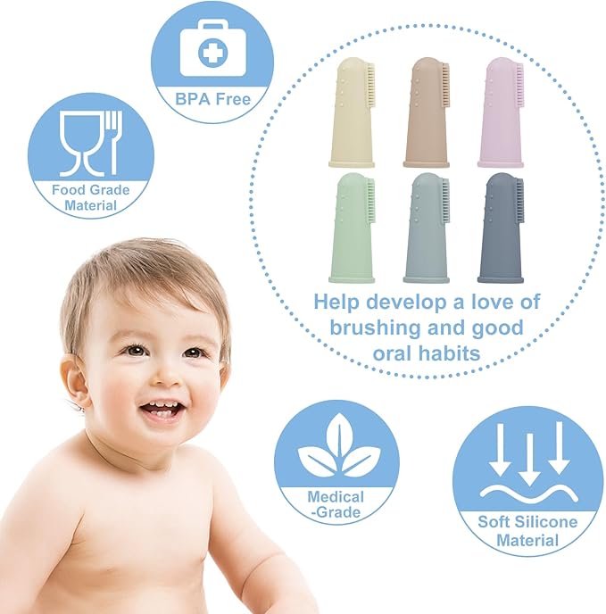 Bassion Baby Toothbrush Set, 6 Pcs Soft Infant Finger Toothbrush with 6 Boxes, Newborns Toddler Silicone Baby Tooth Brush 0-6 Months 6-12 Months