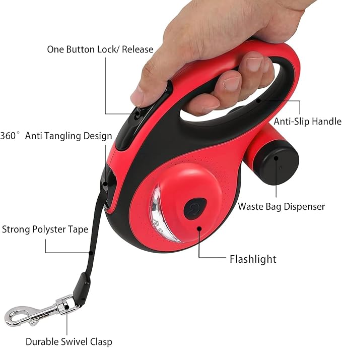 Best Dog Supplies Retractable Thick Dog Leash for S, M, Large Dogs with Bag Dispenser and Flashlight, 26ft/8M for Dogs up to 110lbs Pet Leash One Button Break Retractable Color - Red