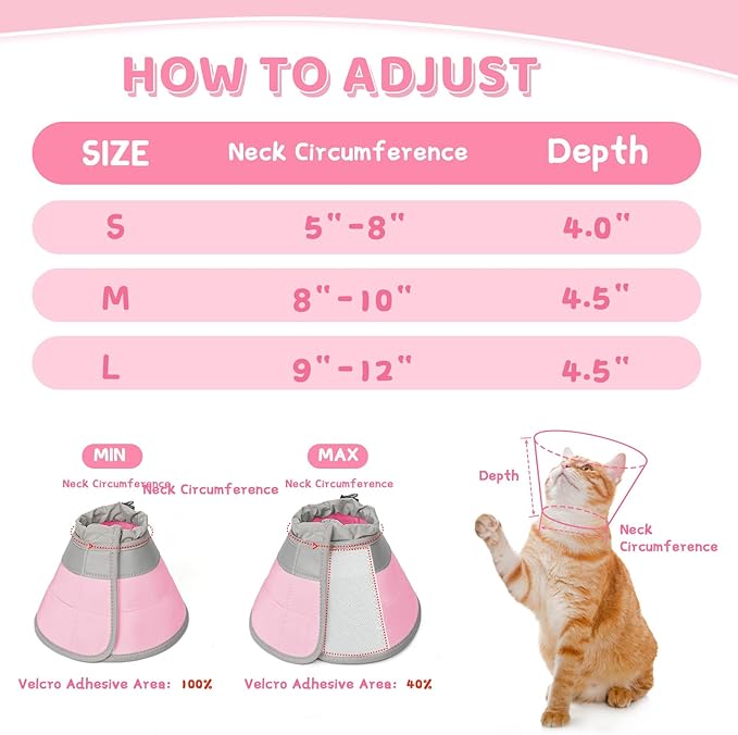 Cat Cone Collar Soft to Stop Licking, Adjustable, Foldable Lightweight Kitten Cones After Surgery Recovery for Cats & Kittens, Cat Cone Alternative, Easy Eating (Solid Pink, S)