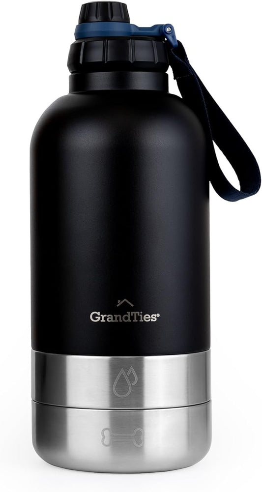 GrandTies Insulated Portable Water Bottle with 2 Detachable Dog Bowl Dispenser | Leak-Proof Food Travel Container | Walking, Hiking, Camping Accessory (64oz, Matte Black)
