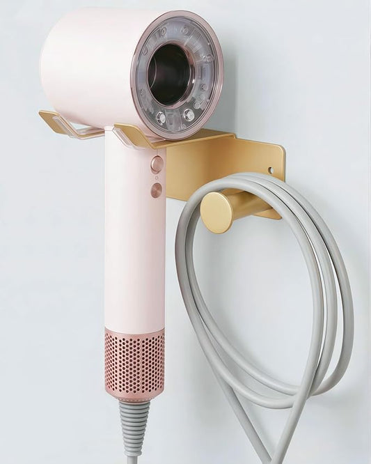 Hair Dryer Holder, Blow Dryer Holder with Cord Hook SUS304 Stainless Steel Wall Mount, Self Adhesive/Screw Space Saving Hairdryer Holder for Bathroom Gold