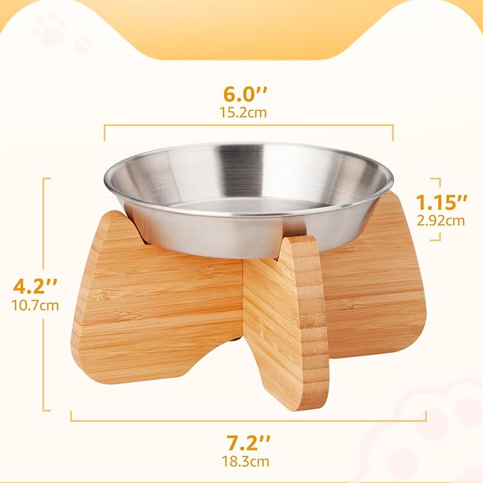 Raised Cat Bowl, Stainless Steel Elevated Cat Bowl Whisker Friendly Wide Flat Shallow Cute with Bamboo Stand Elevated Cat Food Plate Dishwasher Safe No Slip Lifted Raised Cat Dish Easy to Clean