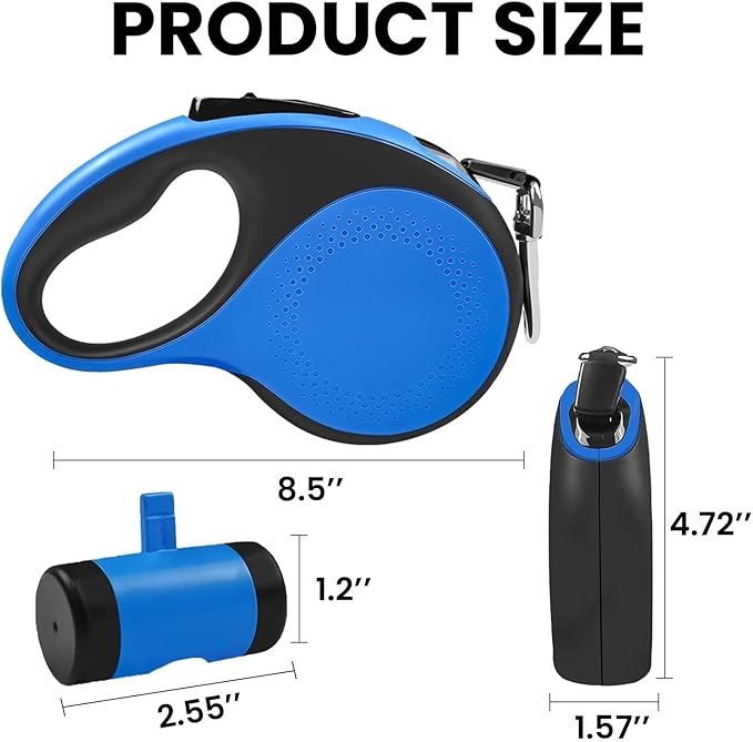 Best Dog Supplies Retractable Thick Dog Leash for S, M, Large Dogs with Bag Dispenser and Flashlight, 26ft/8M for Dogs up to 110lbs Pet Leash One Button Break Retractable Color - Blue