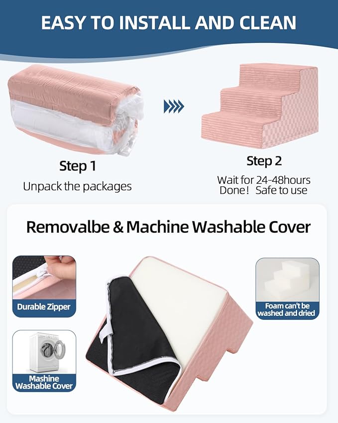 Vfrog Dog Stairs for Small Dogs,22" H,5-Step Dog Steps Ramp for Bed and Couch with High Density Foam,Non-Slip Pet Steps for Dogs and Cats,Pet Stairs with a Washable Cover,Pink