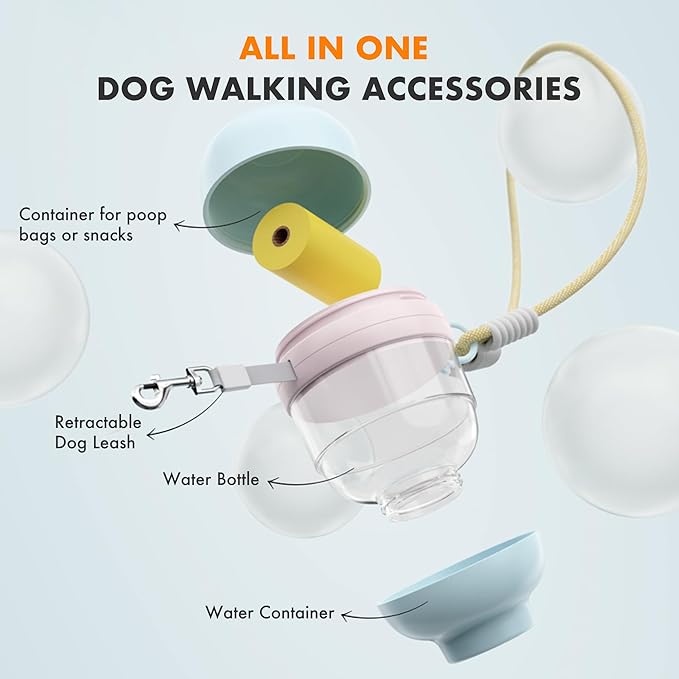 3 in 1 Dog Water Bottle with Crossbody Strap & Retractable Leash, Portable Dog Travel Water Bottle with Treat & Poop Bag Dispenser for Small Dogs Walking Hiking(Off-White)