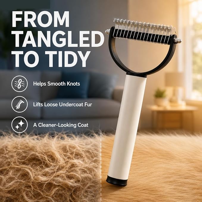 Double Sided Dematting Comb for Cats & Dogs, Gentle Matt Remover Detangler for Tangles, Knots and Loose Fur, Ergonomic Grooming Brush for Long Thick Haired Pets