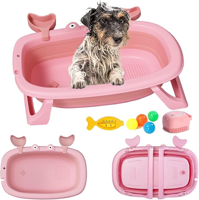Dog Bath Tub with Dog Toys Pet Bathtub, Portable Puppy Bathtub for Easy Baths and Easy Storage, Dog Bath Tubs for Small Medium Pets-Foldable Pet Shower Tub with Drainage Hole, 26.5 x 17.2 x 7.8In,Pink