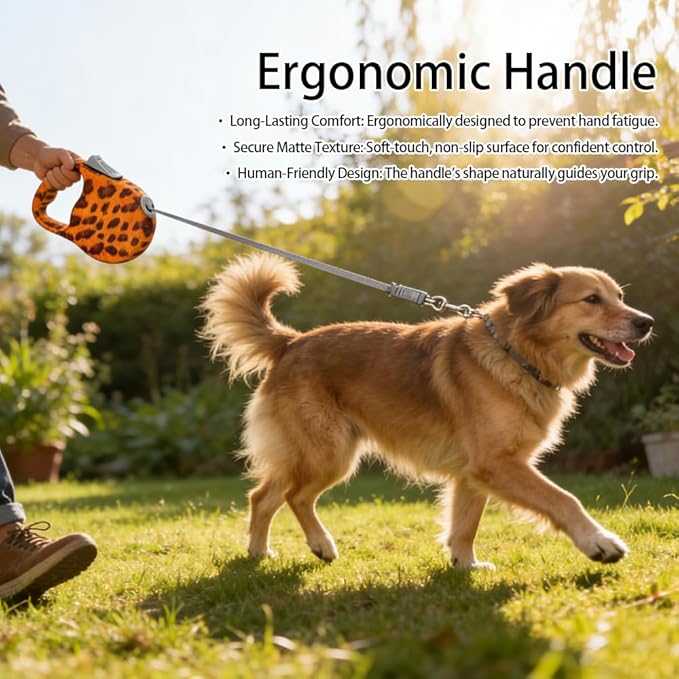 Retractable Dog Leash for Medium & Large Dogs up to 80 lbs, One-Handed Brake, 180kg Strong Nylon Tape, Tangle Free, Anti-Slip Handle (M & L Size) (Leopard Print, L-5M)