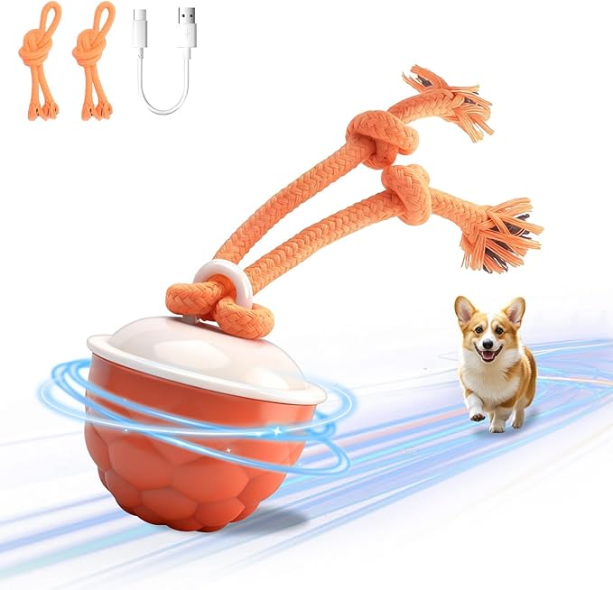 Interactive Dog Toys-Automatic Moving Dog Toy for Boredom, Squeaky Smart Motion Pet Ball for Small Medium Large Dogs, Rope Chew for Teeth Cleaning, Outdoor Waterproof (Red)