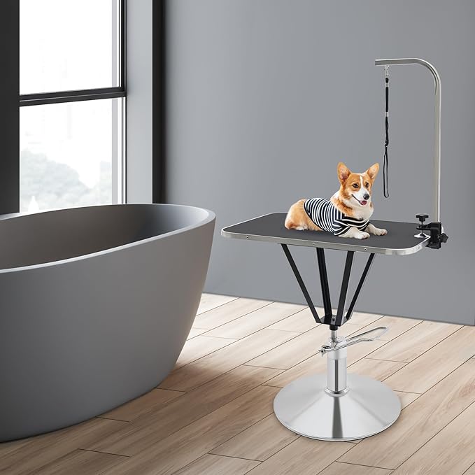 Hydraulic Pet Grooming Table with Adjustable Arms, 360 Degree Table Top Swivel Maximum Load 220 lbs Professional Pet Grooming Table, 34in Hydraulic (Black,Rectangular)