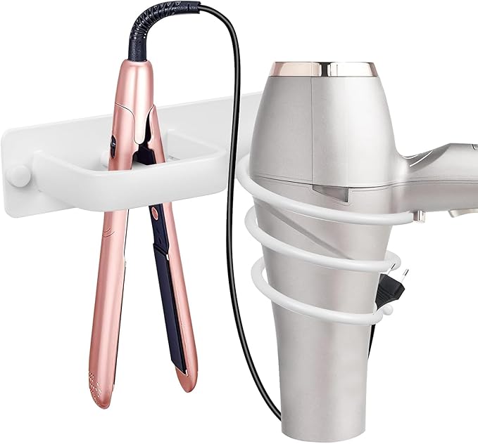 YUET Hair Dryer Holder Hairdryer Station Wall Mounted Shelf Bracket Straightener Stand Hanger Organizer Blow Storage with Cable Tidy Rack For Dressing Table Bathroom Aluminum Professional, White