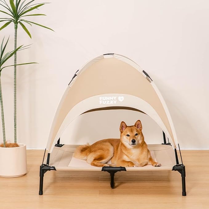 FUNNY FUZZY Elevated Dog Bed with Canopy for Large Dogs up to 120 lbs– Raised Dog Cot Bed with UV Shade,Waterproof,Breathable Mesh,Outdoor & Indoor Use,Portable,Khaki(36"×30"×7")