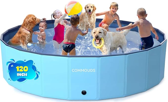 COMMOUDS 120 Inch Extra Large Foldable Dog Pool, Collapsible Hard Plastic Dog Kiddie Family Swimming Pool, Portable Pet Bath Tub Wading Pools for Kids and Puppy Small Medium Large Dogs