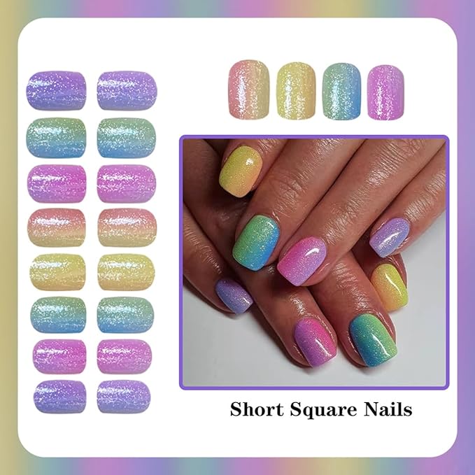 yefiuo Summer Press on Nails Short Square Ombre Fake Nails Press ons Rainbow Colors Acrylic False Nails Glue on Nails Reusable Nail Tips Kit Full Cover Stick on Nail Supplies for Women Girls 24Pcs
