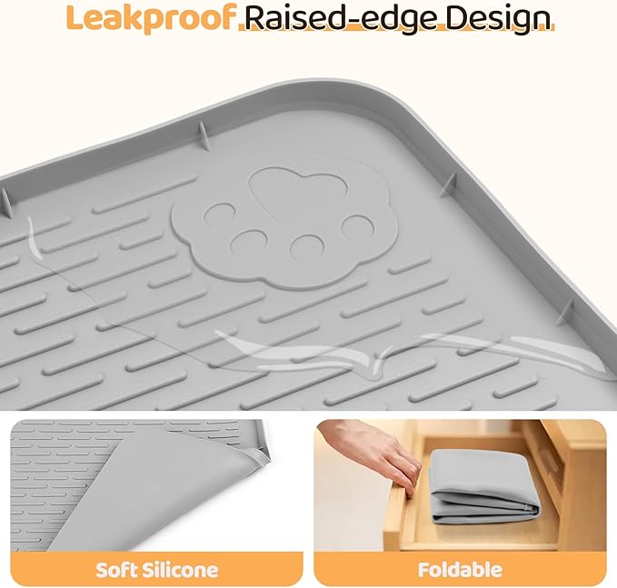 Dog Food Mat, Extra Large 40" x 40" Silicone Pet Feeding Mat with Raised Edge Pet Placemat for Small, Medium, and Large Pets Non-Slip, Easy to Clean (Light Grey)