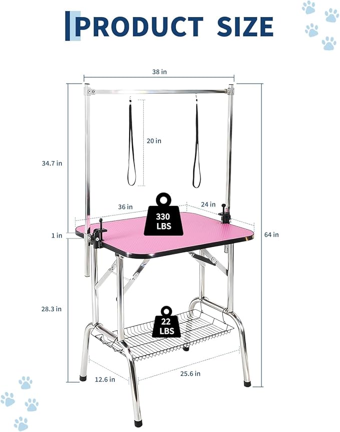 36 Inch Dog Grooming Table, Foldable Pet Grooming Station, Portable Dog Grooming Table with Adjustable Arm & Safety Noose, Non-Slip Surface, Mesh Storage Tray, 330 Lb Capacity for Dogs & Cats