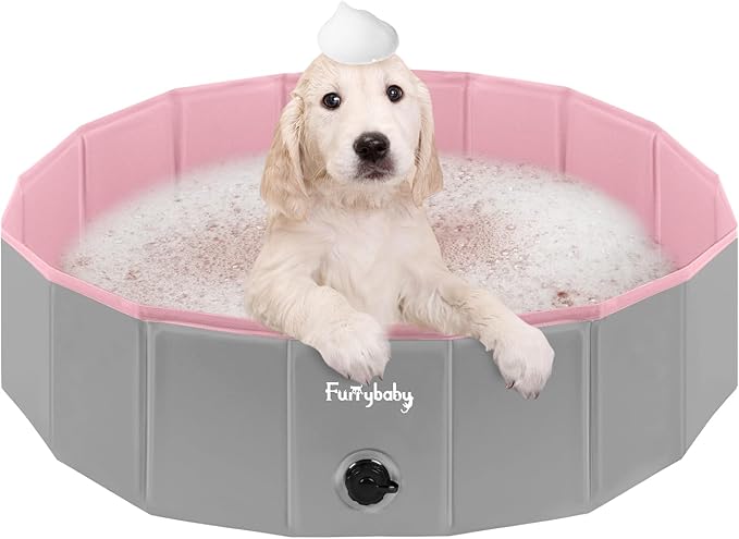 Furrybaby Foldable Dog Pool 32", Hard Plastic Kiddie Pool for Dogs, Collapsible Dog Pool with Rigid PP Core, Non-Slip PVC, Durable Pet Bath Tub for Indoor/Outdoor Backyard, Pink
