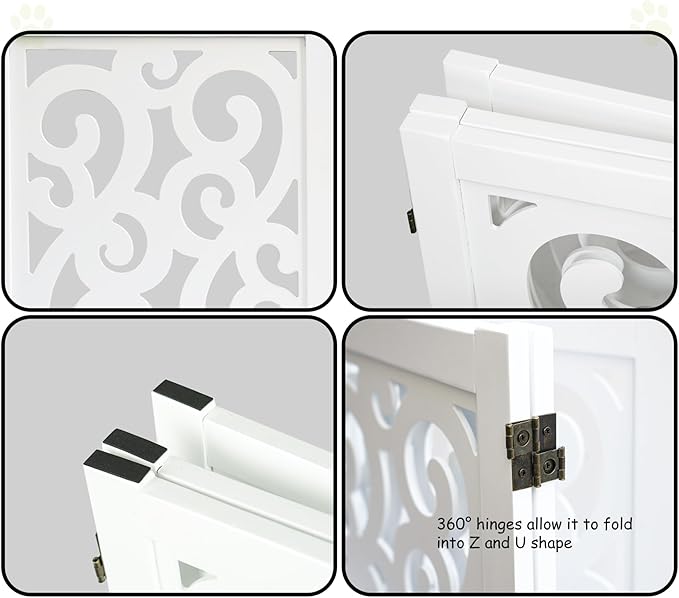 Ashfield & Harkness: 4-Panel Pet Gate - Scroll White - Wooden Foldable Freestanding Dog Fence, 80 x 23.5, Doorways-Halls-Stairs, 360 Rotated Hinges