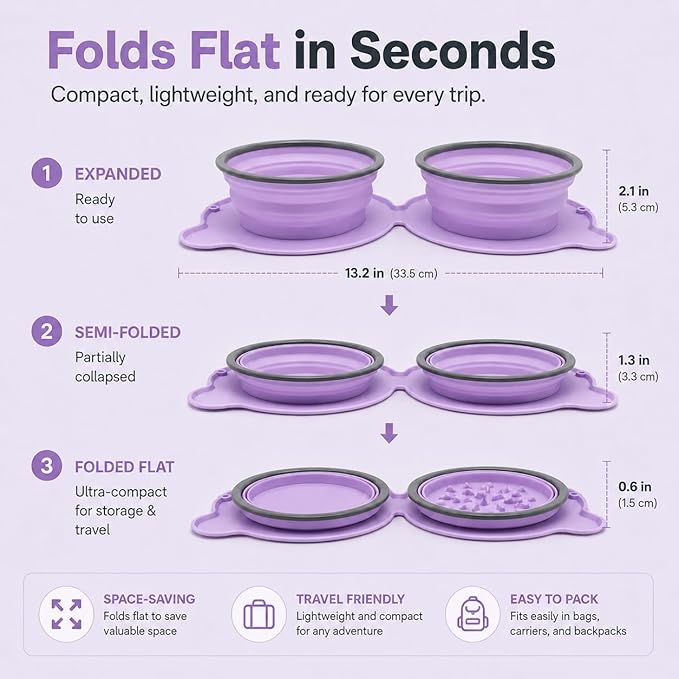 Collapsible Dog Bowls, 2-in-1 Silicone Pet Food and Water Bowl with Carabiner - Portable Double Compartment Travel Dish for Dogs, Ideal for Camping, Hiking, Car Rides, Puppy Essentials (Purple)