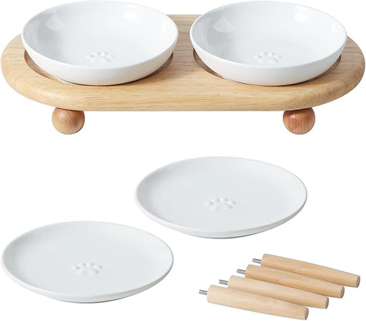 Havniva Cat Bowls Elevated 5.6” Ceramic Cat Bowl with Stand Whisker Friendly Shallow Cat Dishes, Cat Food & Water Bowl Set with Two Heights Options, Anti-Slip Raised Cat Food Bowl for Kitten