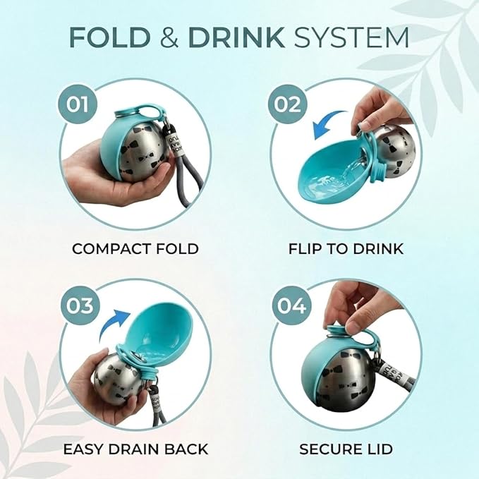 Leak-Proof Dog Water Bottle Portable, 2 in 1 Pet Travel Dispenser with Wide Bowl for Dogs, Stainless Steel No-Spill Doggy Water Cup & Silicone Trough for Walking, Hiking & On The Go