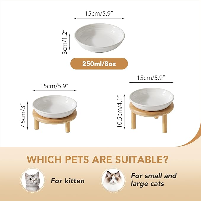 Havniva Elevated Cat Bowls Raised Ceramic Cat Bowl, 5.9” Wide Opening Cat Food Bowl Whisker Friendly Cat Dish Anti-Slip with Bamboo Stand, Shallow Pet Food & Water Bowl for Indoor Cats