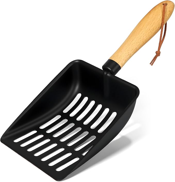 Cat Litter Scoop, Metal Litter Scoop, Heavy Duty Metal Cat Scooper for Litter Box, Black Sifter Scoop for Pellets, Wooden Handle Scoop with Hole, Kitty Necessity (Cat Litter Scoop Short)