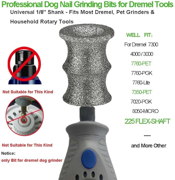Diamond Dog Nail Grinder Bits Attachments for Dremel 7760 7350 7300 - 1/8'' 80 Grit Replacement Heads Refills & Tip for Most Pet Grinders - Painless & Safe for All Dogs Cats Thick Tough Nails Grooming