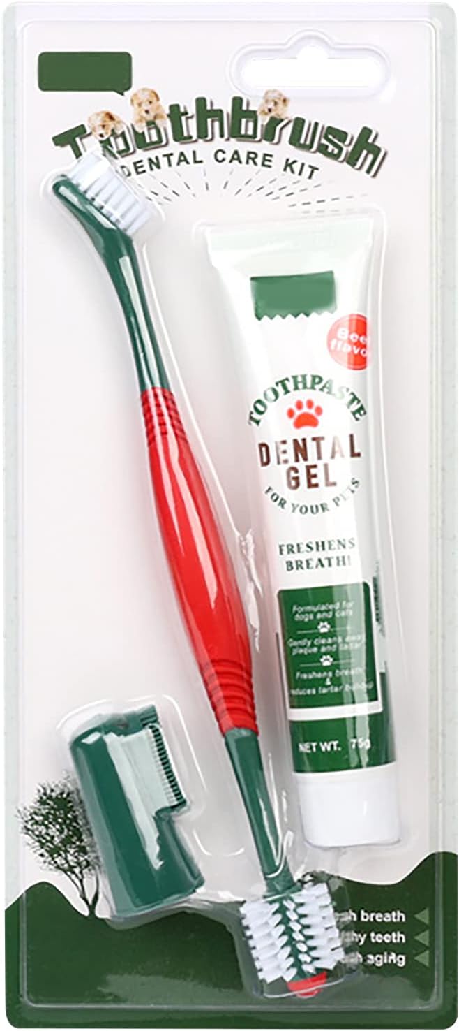 Pet Toothbrush Toothpaste Kit Dog Teeth Cleaning Cat Teeth Cleaning Dental Care Kit Pet Finger Toothbrush, Reduce Plaque & Tartar Buildup, Beef Flavor