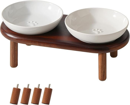 Havniva Elevated Cat Bowls Raised Ceramic Cat Bowl, 5.9” Wide Opening Cat Food Bowl Whisker Friendly Cat Dish Anti-Slip with Wood Stand, Shallow Pet Food & Water Bowl for Indoor Cats