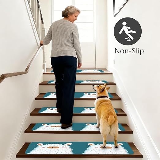 Animal Cute Cartoon Alpaca Stair Treads for Wooden Steps Indoor Washable Staircase Carpet 10PCS 30"x7.8" Stair Step Treads Non-Slip Staircase Covers Peel and Stick Safety Mat for Kids Elders Pets