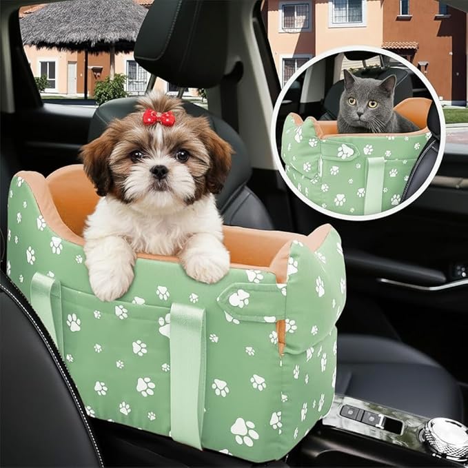 Dog Center Console Car Seat for Small Dogs Under 15lbs,Detachable Washable Booster Pet Car Seat Travel Bed with Storage Pockets and Seat Belt(Green)