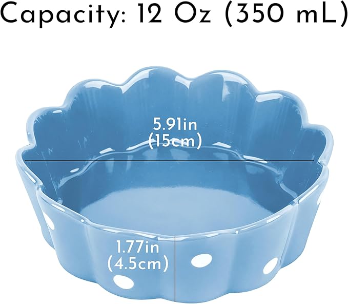 Ceramic Cat Bowl, Scalloped Edge with White Polka Dots – Pet Feeding Dish with Anti-Slip Base for Cats and Small Dogs, Blue