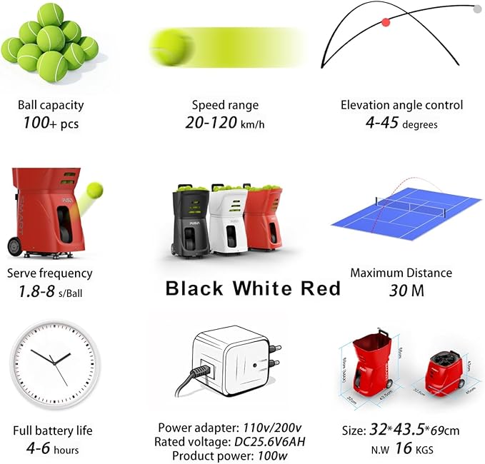 PT-SMART Tennis Ball Machine - Smart App for Apple Watch & Phone Control, Tennis Ball Launcher with 20 Landing Points, 12 Training Modes & 4-6h Battery Life, Tennis Serving Machine