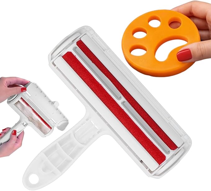 Pet Hair Remover Bundle, Reusable Lint Roller & Pet Hair Remover for Laundry Cat & Dog Fur Remover Set for Laundry Couch, Carpet Bedding & Clothes (Red)