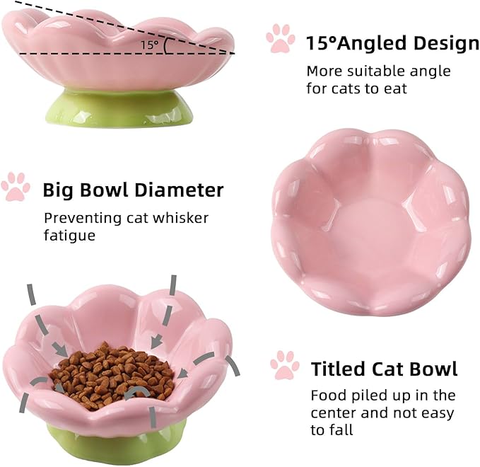 DIF DECO Ceramic Raised Cat Bowl, Pink Elevated Food Bowls for Food and Water Protecting Spine and Whisker Friendly,Tulip Shape Cute Pet Feeder Dish for Indoor Cats and Small Dogs(Height 3.3 inch)